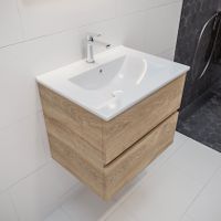 Mondiaz Vica Denia badmeubel eiken licht 60 cm 2 lades keramiek enkele spoelbak midden 1 kraangat