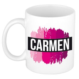 Naam cadeau mok / beker Carmen  met roze verfstrepen 300 ml   -