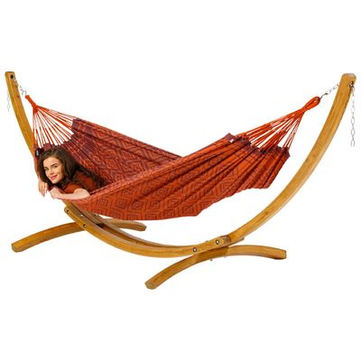 Eenpersoons hangmat met houten standaard - 300x140cm - Rood - 120kg draagkracht- 100% katoen - binnen & buiten