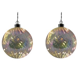 2x stuks verlichte glazen kerstballen met 10 lampjes transparant parelmoer 12 cm - kerstverlichting figuur