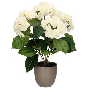 Hortensia kunstplant/kunstbloemen 40 cm - wit - in pot taupe mat