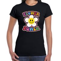 Jaren 60 Flower Power verkleed shirt zwart met emoticon bloem dames 2XL  - - thumbnail