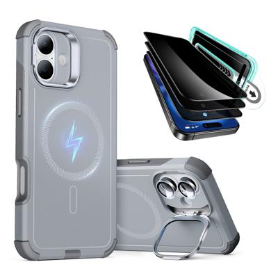 iPhone 16 Cyber Tough Case with Stash Stand Privacy Protection Bundle - Light Grey