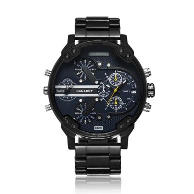 CAGARNY 6820 modieuze zakelijke stijl grote Dial Dual tijd zone quartz uurwerk polshorloge met roestvrijstaal band & kalender functie voor mannen ((Bl