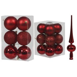 Kerstversiering kunststof kerstballen met piek rood 6 en 8 cm pakket van 37x stuks