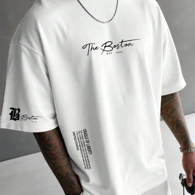 Bon&Bon Men's Letter Print T-Shirt - Casual Apricot Drop Shoulder Tee White / M