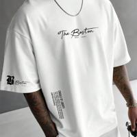 Bon&Bon Men's Letter Print T-Shirt - Casual Apricot Drop Shoulder Tee White / M