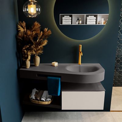 MONDIAZ RIVA 120cm badmeubel onderkast / planchet kleur Linen met 1 lade. Wastafel DULCET rechts 1 kraangat kleur Dark_Grey. MONDIAZ RIVA 120cm badmeubel onderkast / planchet kleur Linen met 1 lade. Wastafel DULCET rechts 1 kraangat kleur Dark_Grey.