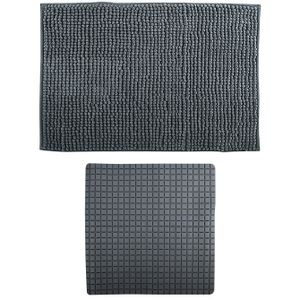 MSV Douche anti-slip mat en droogloop mat - Sevilla badkamer set - rubber/microvezel - donkergrijs