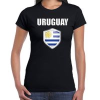 Uruguay landen supporter t-shirt met Uruguayaanse vlag schild zwart dames - thumbnail