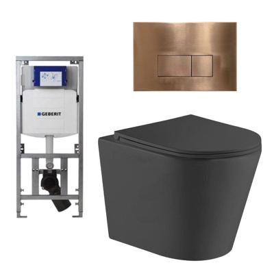 QeramiQ Dely Toiletset - 36.3x51.7cm - diepspoel - rimless - Geberit UP320 Burda inbouwreservoir - softclose toiletzitting - koperen bedieningsplaat - rechtehoekige knoppen - zwart mat SW1026253/0701131/SW706197/SW1000768