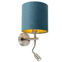 QAZQA Wandlamp staal met leeslamp en kap velours 20|20|20 blauw