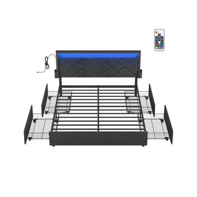 Gestoffeerd tweepersoonsbed met lades en verstelbaar hoofdbord, leigrijs-matzwart / 160 x 200 cm