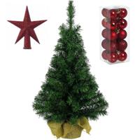 Mini kunst kerstboom - H45 cm - met kerstversiering - rood - 21-delig - kunststof - kunstboom