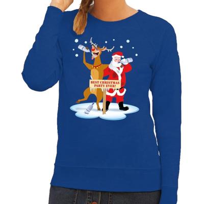 Foute kersttrui - sweater - dronken kerstman en Rudolf - na kerstborrel - blauw - voor dames