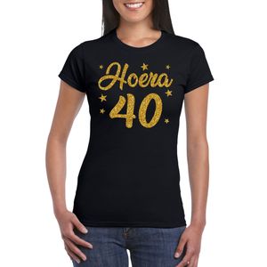 Hoera 40 jaar verjaardag cadeau t-shirt goud glitter op zwart dames