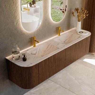 Badmeubel Mondiaz Kurve-Dlux | 180 cm | Meubelkleur Walnut | Wastafelkleur Nata | Solid surface | Wasbak beide zijden spoelbak | 2 kraangaten