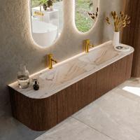 Badmeubel Mondiaz Kurve-Dlux | 180 cm | Meubelkleur Walnut | Wastafelkleur Nata | Solid surface | Wasbak beide zijden spoelbak | 2 kraangaten Badmeubel Mondiaz Kurve-Dlux | 180 cm | Meubelkleur Walnut | Wastafelkleur Nata | Solid surface | Wasbak beide zijden spoelbak | 2 kraangaten