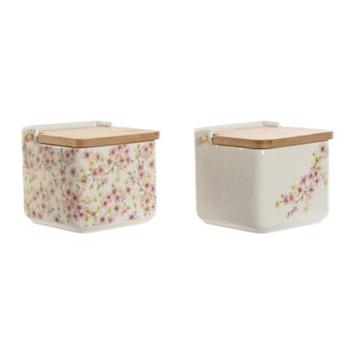 Zoutvaatje met deksel Home ESPRIT Wit Roze Lila Bamboe 750 ml 14 x 12,5 x 12 cm (2 Stuks)