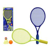 Tennisset/badmintonset voor kinderen blauw/groen met bal en shuttle 46 cm   -