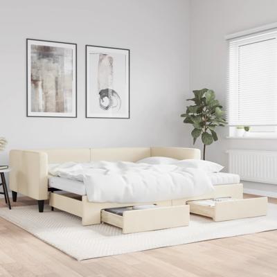 Slaapbank met onderschuifbed en lades 100x200 cm stof crème
