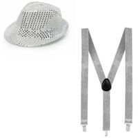Party verkleed hoedje en bretels zilver glitters - Verkleedhoofddeksels - thumbnail