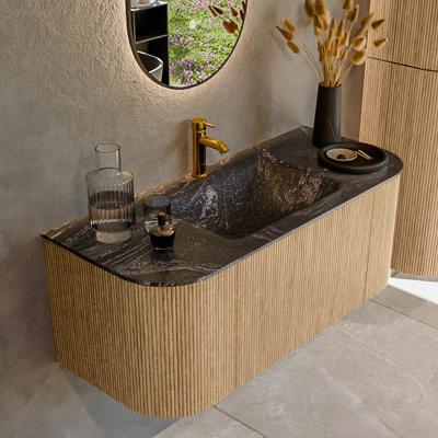 Mondiaz KURVE-DLUX 110 cm Onderkast Greeploos 1 Lade Met Deuren Oak, Wastafel Solid Surface Midden Lava 1 Kraangat Zonder Spiegel (KRVCLO110L+R1L2D1KM-Oak/Lav)
