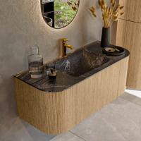 Mondiaz KURVE-DLUX 110 cm Onderkast Greeploos 1 Lade Met Deuren Oak, Wastafel Solid Surface Midden Lava 1 Kraangat Zonder Spiegel (KRVCLO110L+R1L2D1KM-Oak/Lav)
