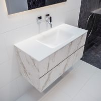 Mondiaz Vica Cloud badmeubel wit carrara mat 100 cm 2 lades solid surface enkele spoelbak midden zonder kraangat