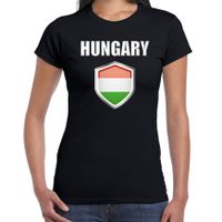 Hongarije landen supporter t-shirt met Hongaarse vlag schild zwart dames - thumbnail