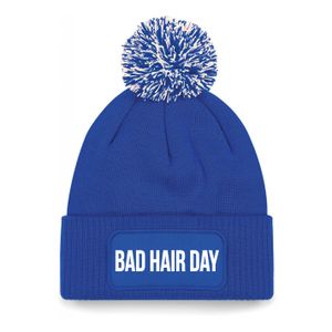 Bad hair day muts met pompon unisex one size - Blauw