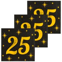 Verjaardag feest servetten - leeftijd 25 jaar - 48x stuks - zwart/goud - sterren - 33 x 33 cm