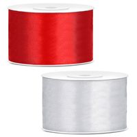 Sierlinten/cadeaulinten/satijnen linten - Set 2x stuks - rood en zilver - 38 mm x 25 meter - thumbnail