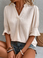 Women's Short Sleeve Cotton Blouse Summer Ruffle Sleeve Cotton V Neck Top - thumbnail