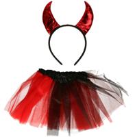 Duivel verkleed setje voor kinderen - rokje/diadeem - rood - Halloween/carnaval verkleed accessoires - thumbnail