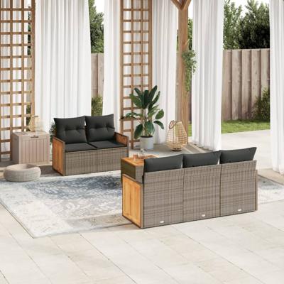 6-delige Loungeset met kussens poly rattan grijs