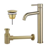 Fortifura Calvi Wastafelkraanset - verhoogde wastafelkraan - always open plug - verlaagde design sifon - Geborsteld Messing PVD (Goud) SW720549/SW696208/SW696218
