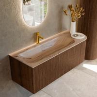 Badmeubel Mondiaz Kurve-Dlux | 125 cm | Meubelkleur Walnut | Wastafelkleur Arena | Solid surface | Wasbak linker zijde spoelbak | 1 kraangat