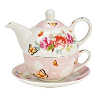 3-delige set theepotten, rozen met vlinderdecor, van gekleurd porselein (B/H/D) 15x16x15 cm 400 ml/250 ml