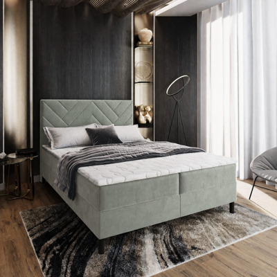 OP=OP Opberg Boxspring Chevron | 180 x 200 Saliegroen | 40 cm hoge boxen + Voetbord Chevron + 2x Hocker met 2 Lades | P500M linkerkant / 1 x P500 F rechterkant