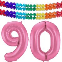 Grote folie ballonnen cijfer 90 in het glimmend roze 86 cm en 2x feestslingers - thumbnail