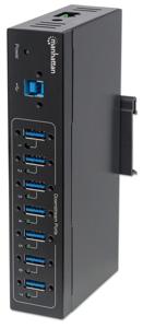 Manhattan 164405 USB 3.2 Gen 1-hub 7 poorten Met metalen behuizing, Voor industriële toepassingen, Voor wandmontage Zwart