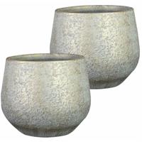 Ter Steege Plantenpot/bloempot - 2x stuks - keramiek - metallic zilvergrijs - touch of gold - D19/H1
