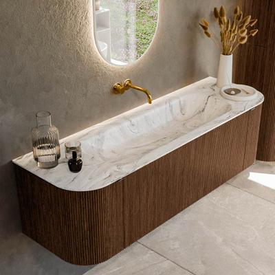 Badmeubel Mondiaz Kurve-Dlux | 150 cm | Meubelkleur Walnut | Wastafelkleur Glace | Solid surface | Midden spoelbak | Zonder kraangat(en)