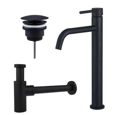 Fortifura Calvi Slim Wastafelkraanset - verhoogde wastafelkraan - always open plug - design sifon - Mat zwart SW377836/SW696205/SW696210