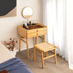 Bamboe Make-Up Krukje met Rotan Oppervlak & Anti-Slip Voetzolen Stevig Krukje met Verstevigingsstang voor Woonkamer Slaapkamer