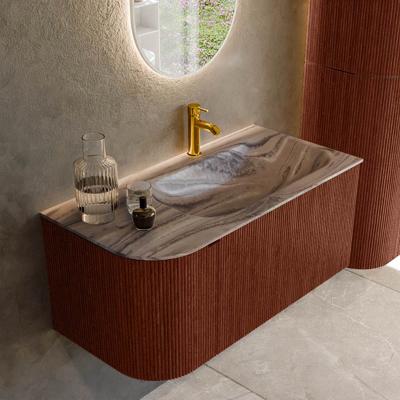 Badmeubel Mondiaz Kurve-Dlux | 95 cm | Meubelkleur Ruby | Wastafelkleur Sombra | Solid surface | Wasbak rechter zijde spoelbak | 1 kraangat