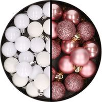 34x stuks kunststof kerstballen wit en oudroze 3 cm - thumbnail