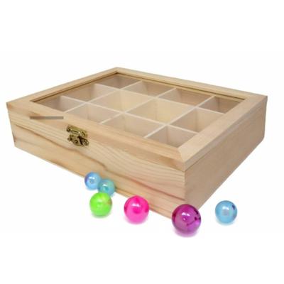 Hobby/kralen opbergdoos - 12-vaks - naturel - hout - 23 x 18 x 5 cm - knutselspullen opbergen
