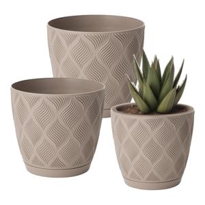 Form Plastic Plantenpot set New Age - 3x stuks - kunststof - beige - met schotel